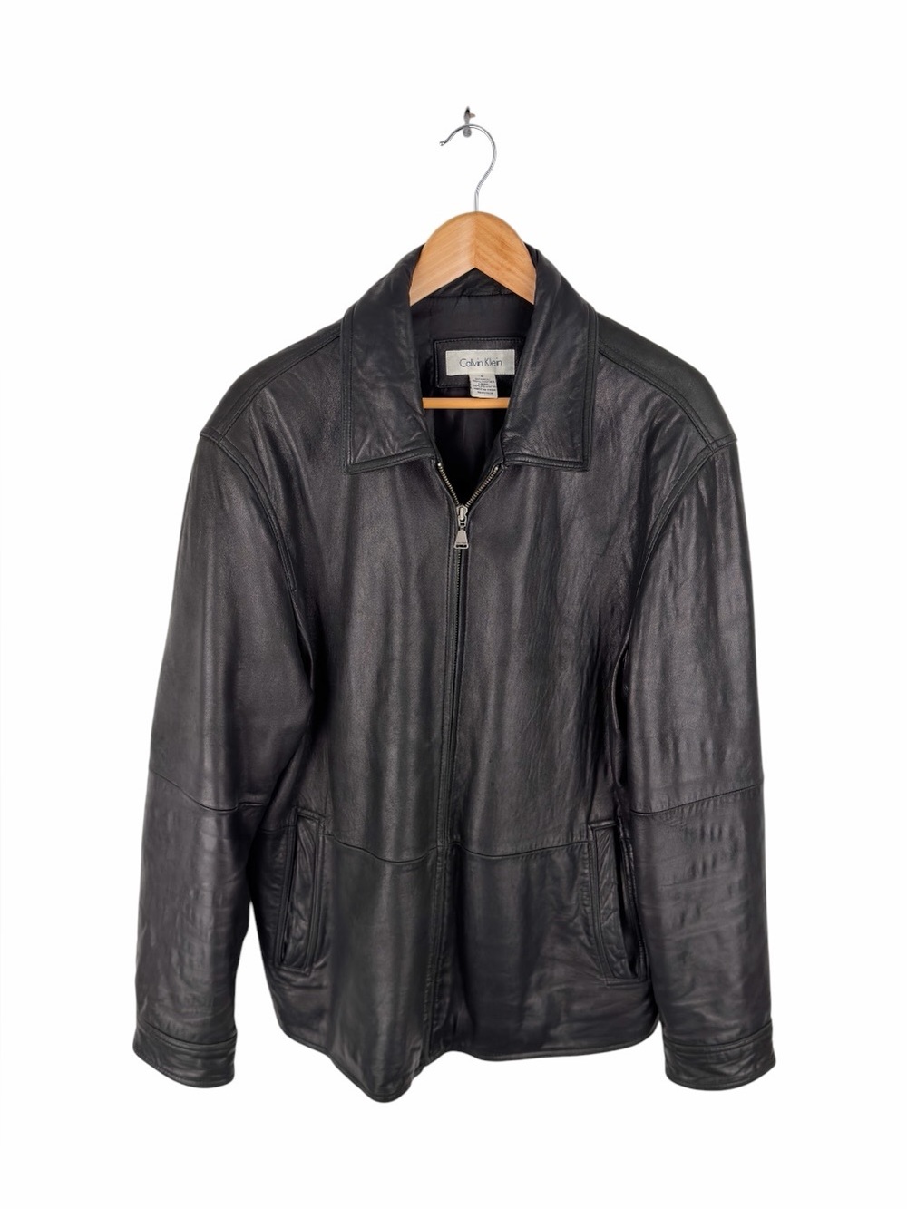 Calvin Klein Men’s Large Black Leather Jacket Full Zip Collared Lined Coat
